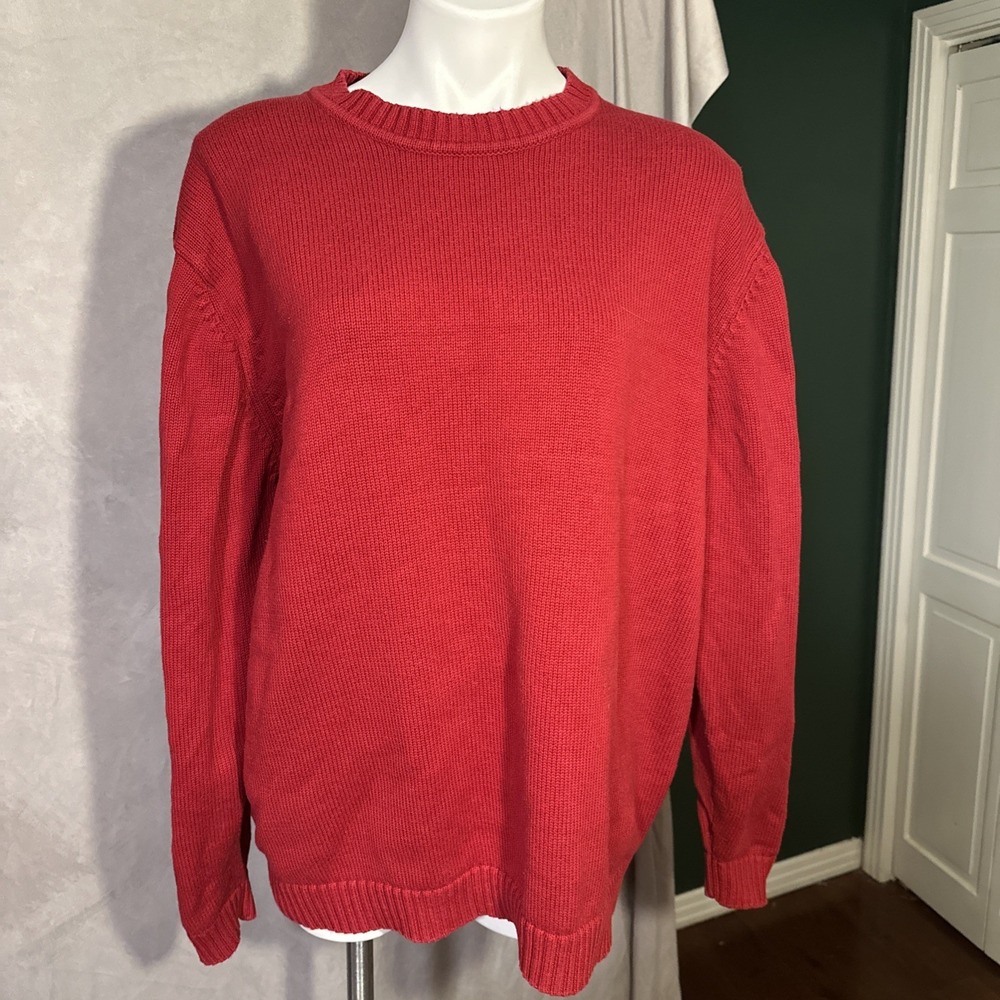 LL Bean VTG Sweater Mens XL Reg Red 100% Cotton V Neck Pullover 0FW82